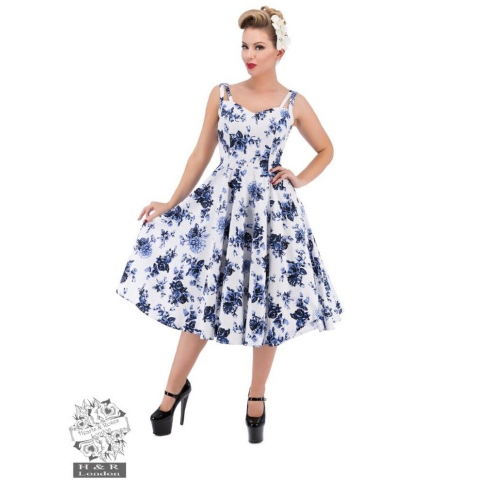Blue Rosacae Swing Dress in White/Blue - Hearts & Roses London